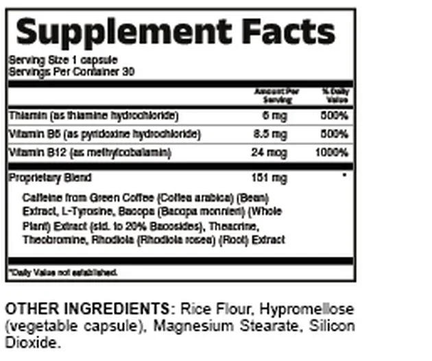 NeuroRecall Supplement Facts panel: one capsule per serving, 30 servings; thiamin 6 mg, vitamin B6 8.5 mg, vitamin B12 24 mcg, and a 151 mg proprietary blend of caffeine from green coffee bean extract, L-tyrosine, bacopa, theacrine, theobromine and rhodiola; other ingredients rice flour, hypromellose capsule, magnesium stearate and silicon dioxide